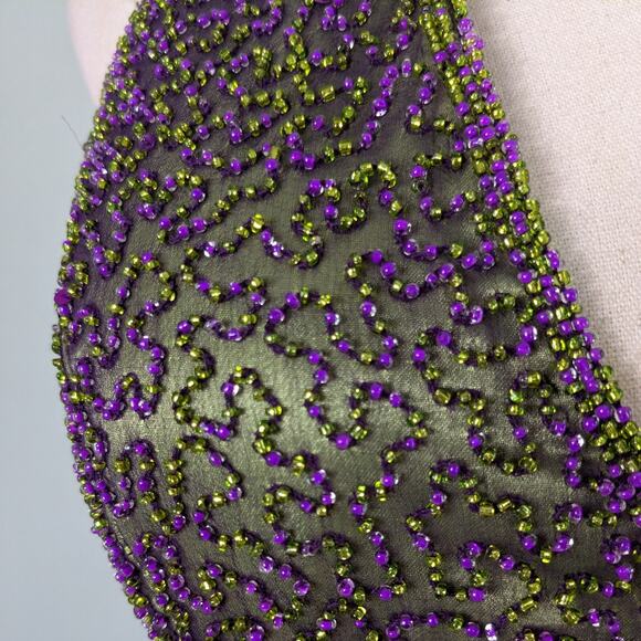 Je Matadi Prom Dress Maxi Gown 8 Purple Green Silk Bead Pageant Glam Train Y2K - Picture 2 of 16